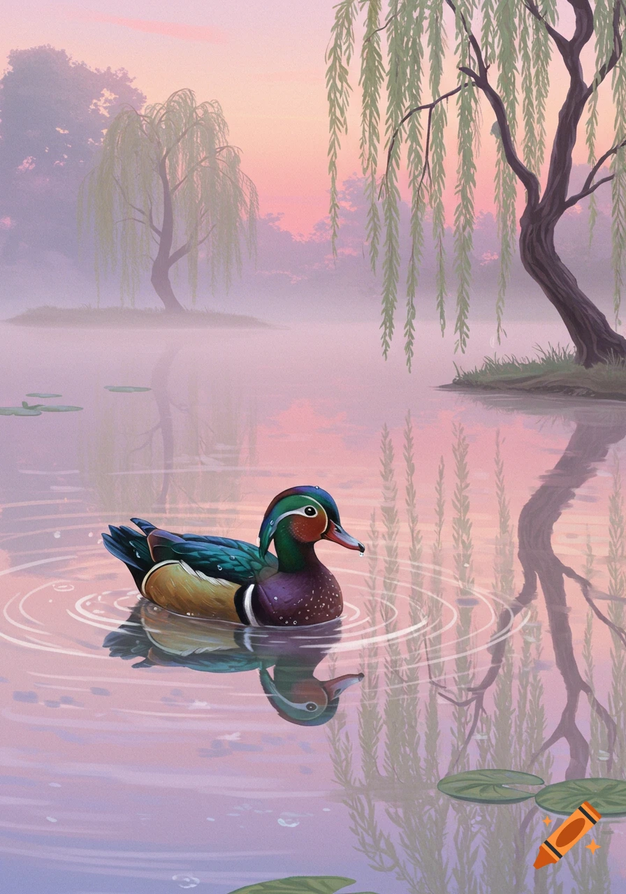 A vibrant wood duck swims on a calm, misty pond reflecting a pink and purple sunrise, flanked by weeping willow trees. Illustration.
