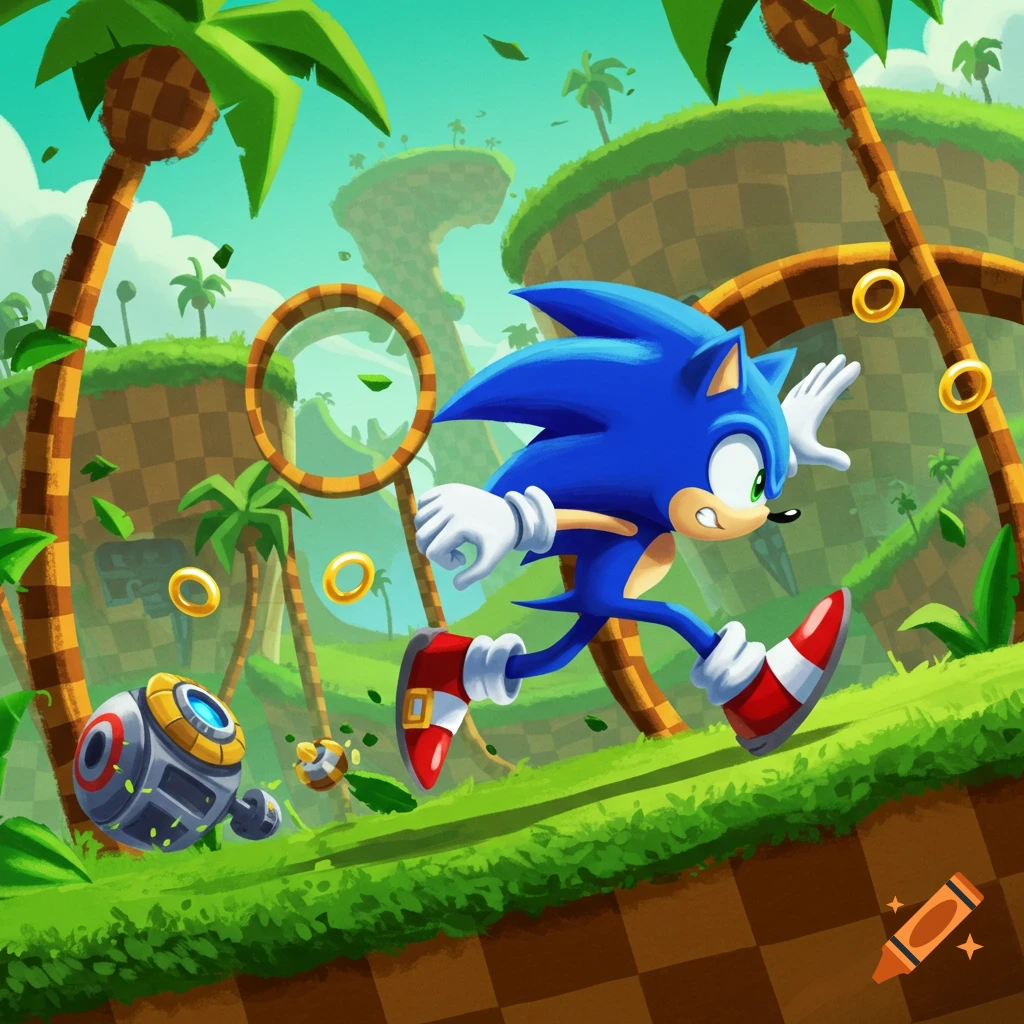 Sonic the Hedgehog runs through Green Hill Zone, dodging a robot enemy, in a vibrant cartoon illustration.
