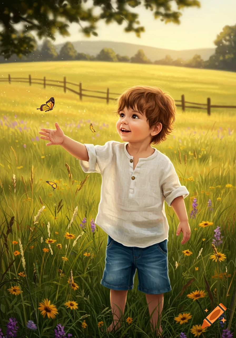 A smiling young boy with brown hair reaches for butterflies in a sunny green field with wildflowers, in an illustrative style.