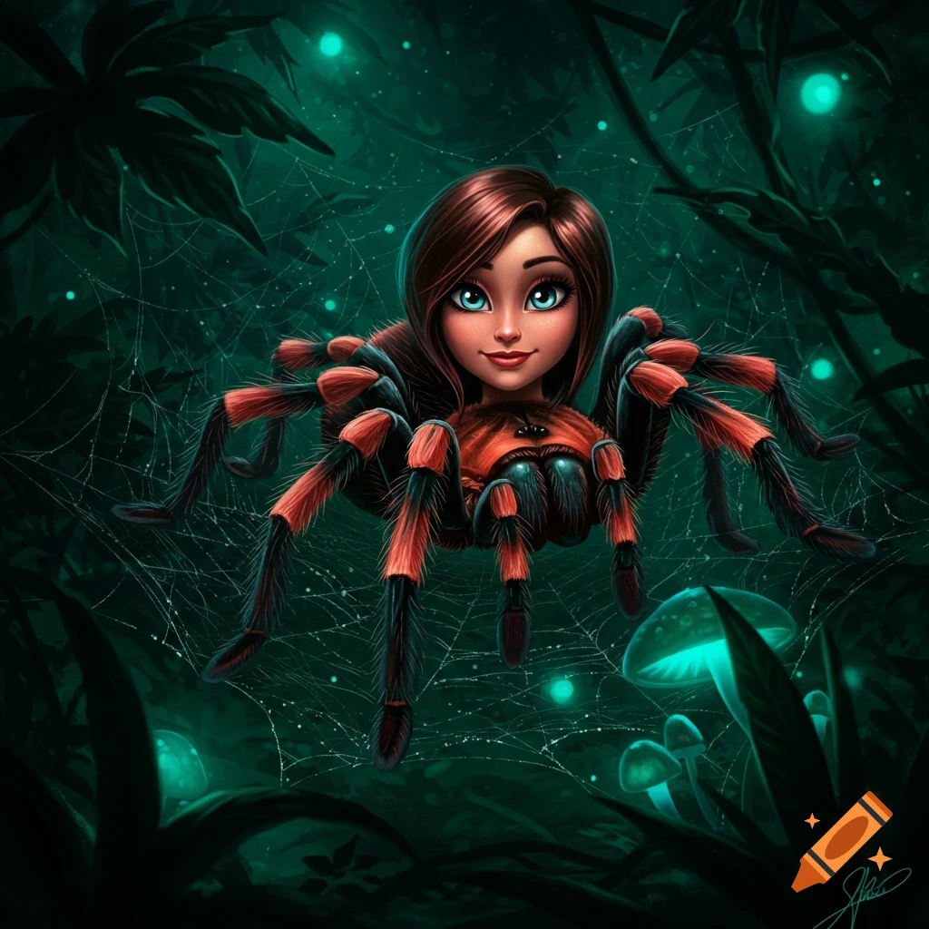 Illustrative cartoon of a girl's head on a red and black tarantula body, hanging in a dark, glowing jungle with spider webs.