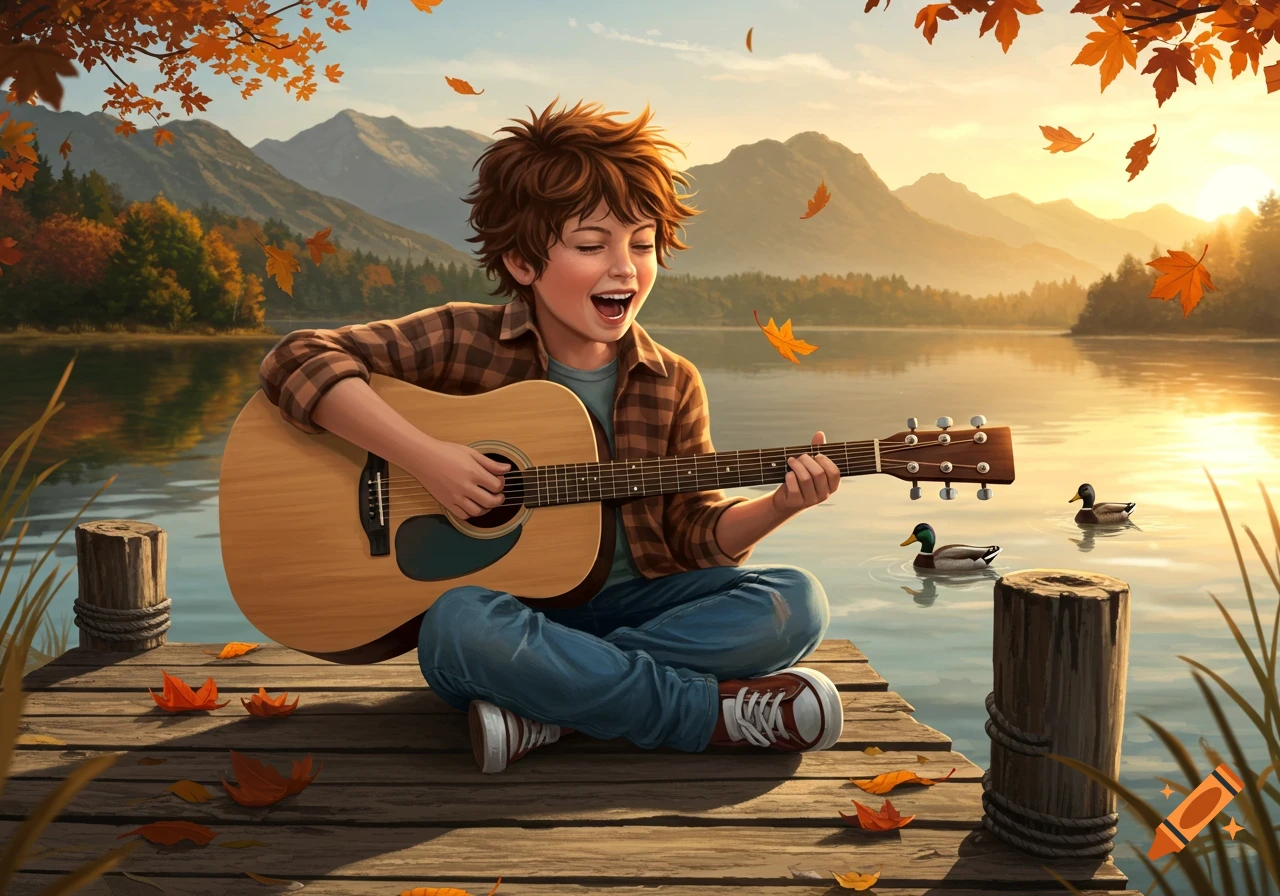 Smiling boy with messy brown hair plays acoustic guitar on a dock by an autumn lake with ducks and mountains at sunset.