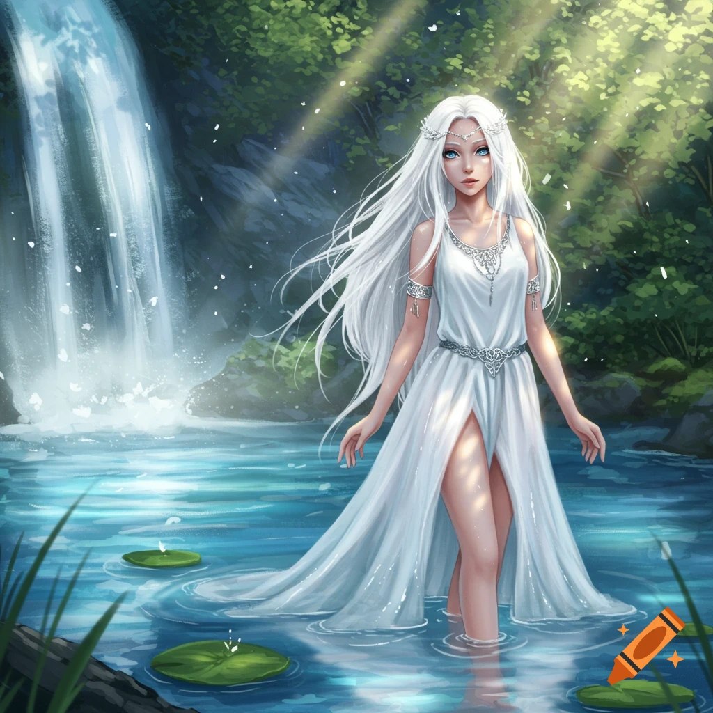 White-haired woman with blue eyes in a white dress stands in clear water by a waterfall, dappled with sunlight. Digital art.