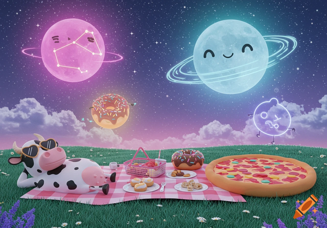 A whimsical cartoon scene of a cow in sunglasses picnicking with giant pizza and donuts under cute planets in a starry sky.