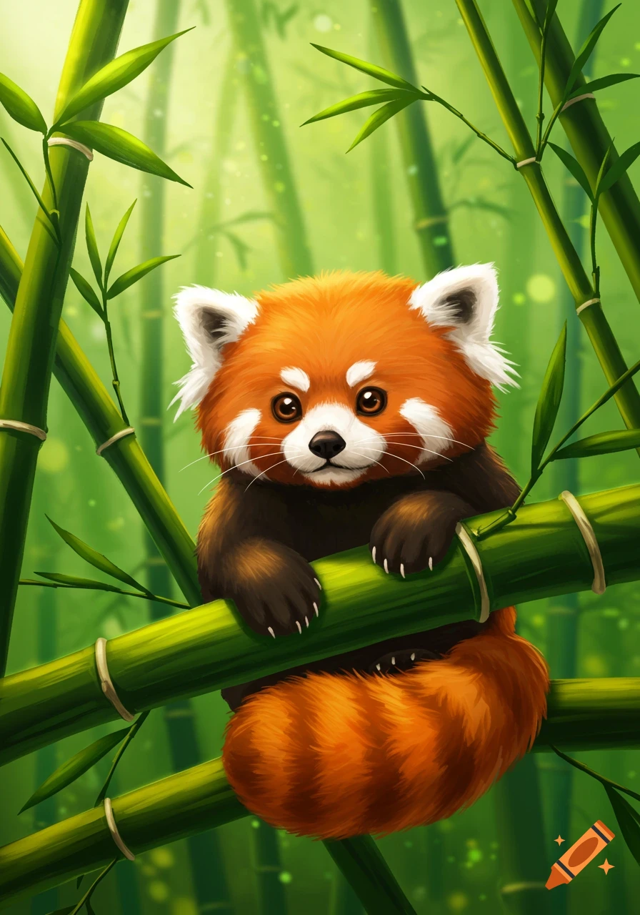 A cute, cartoon-style red panda clings to a large green bamboo stalk, surrounded by a lush bamboo forest.