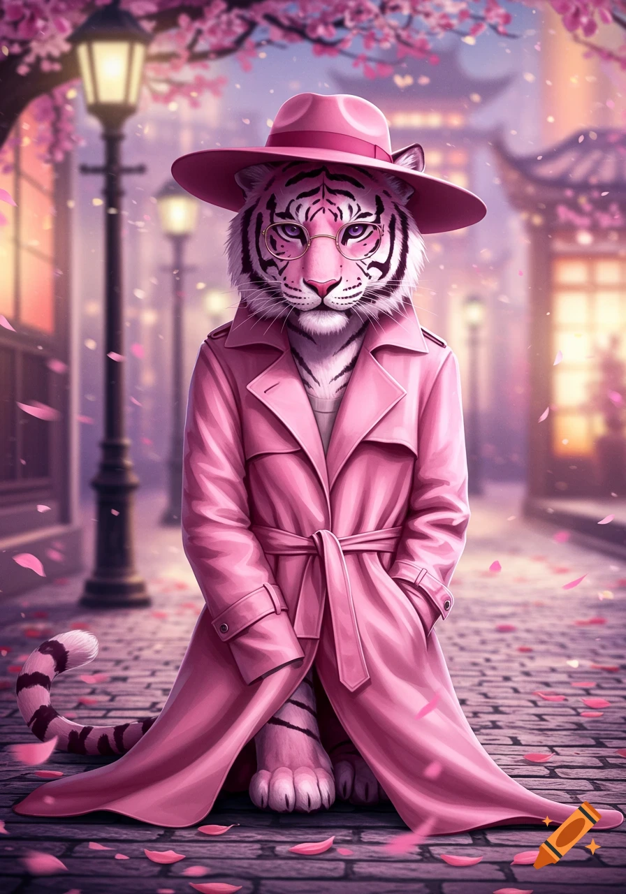 A stylized white tiger with pink stripes wearing a pink trench coat, matching fedora, and glasses on a cherry blossom-lined street.