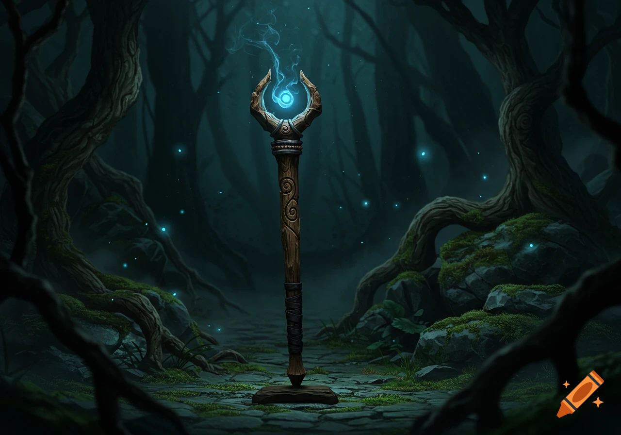 A glowing magical staff with an ornate top stands on a mossy forest floor, surrounded by dark trees and sparkling blue lights.