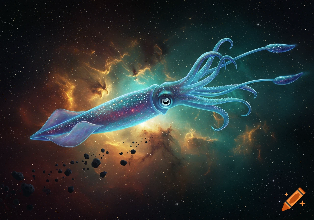 A stylized glowing blue and purple squid with many tentacles swims through a colorful starry nebula in deep space.