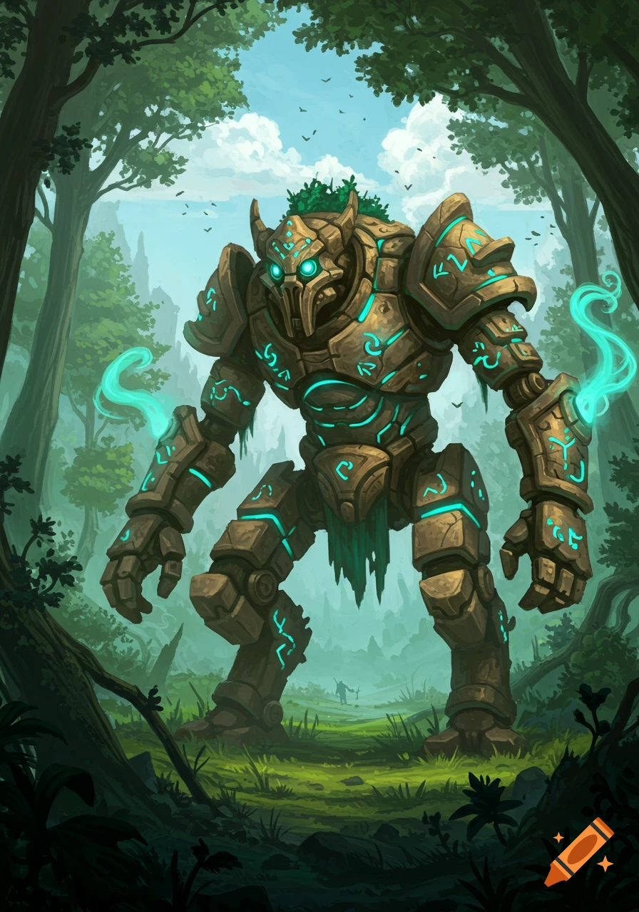 A massive, ancient stone and metal golem with glowing blue runic markings and green moss, stands in a lush forest clearing.