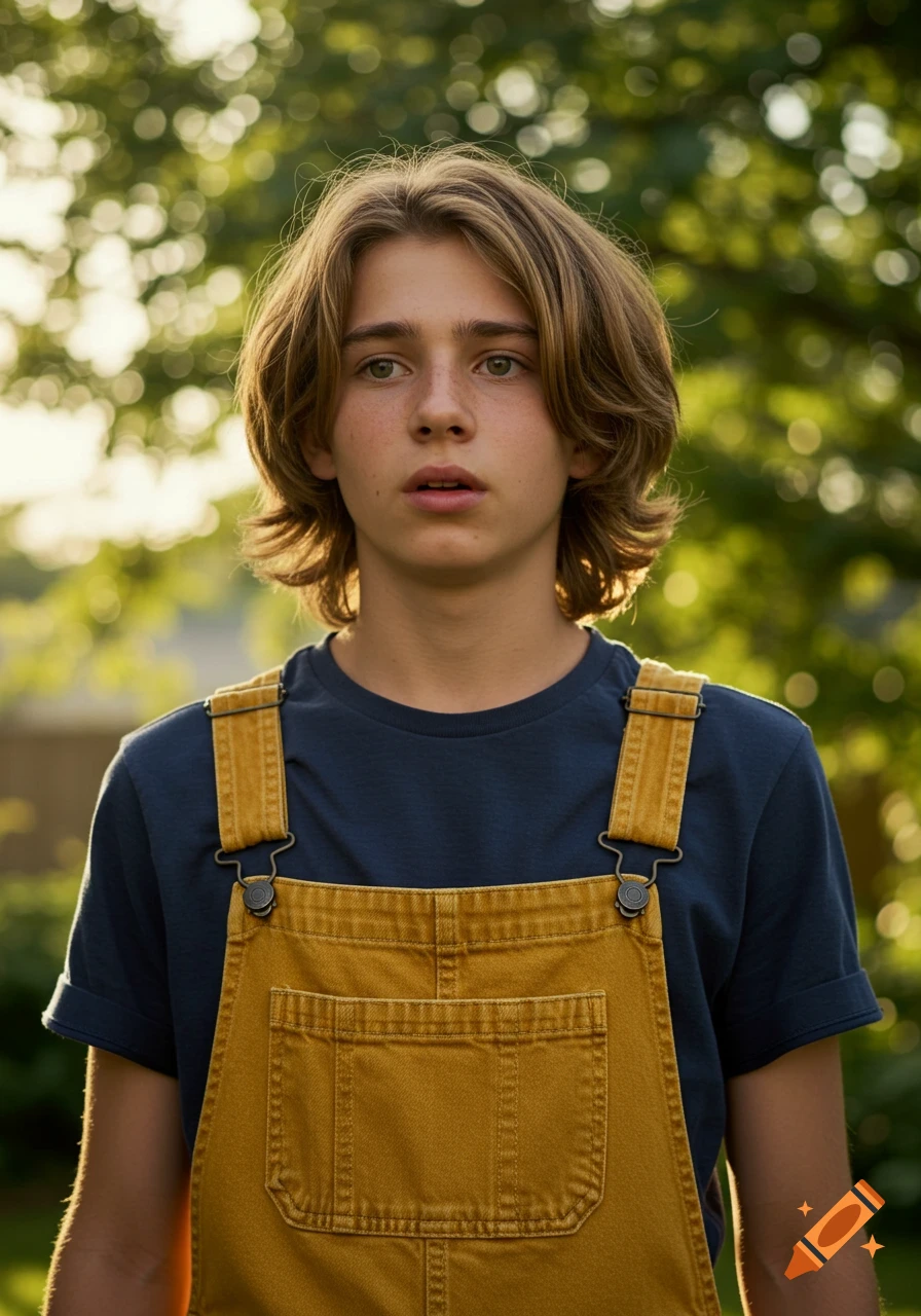 A photorealistic portrait of a young boy with blond hair in mustard yellow overalls, standing in a sunlit green backyard.