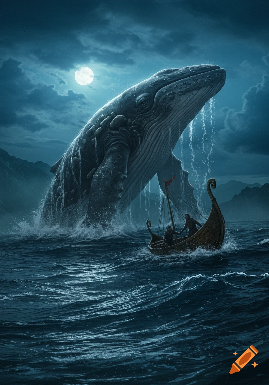 A giant whale-like creature erupts from dark, stormy ocean waves under a full moon, towering over a small boat with two people.