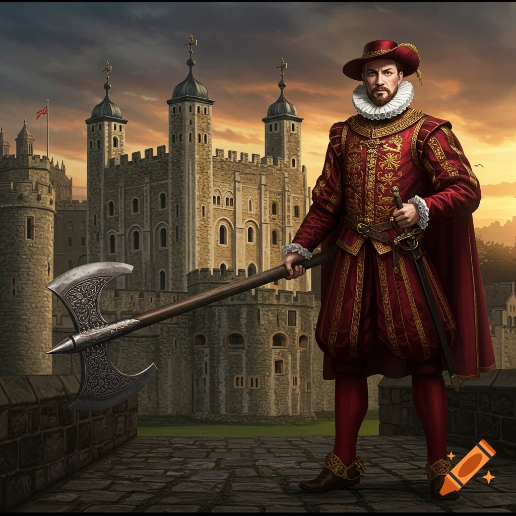 A man in ornate red and gold Tudor attire and a ruffled collar holds a large axe, standing on a stone path in front of the Tower of London at sunset.