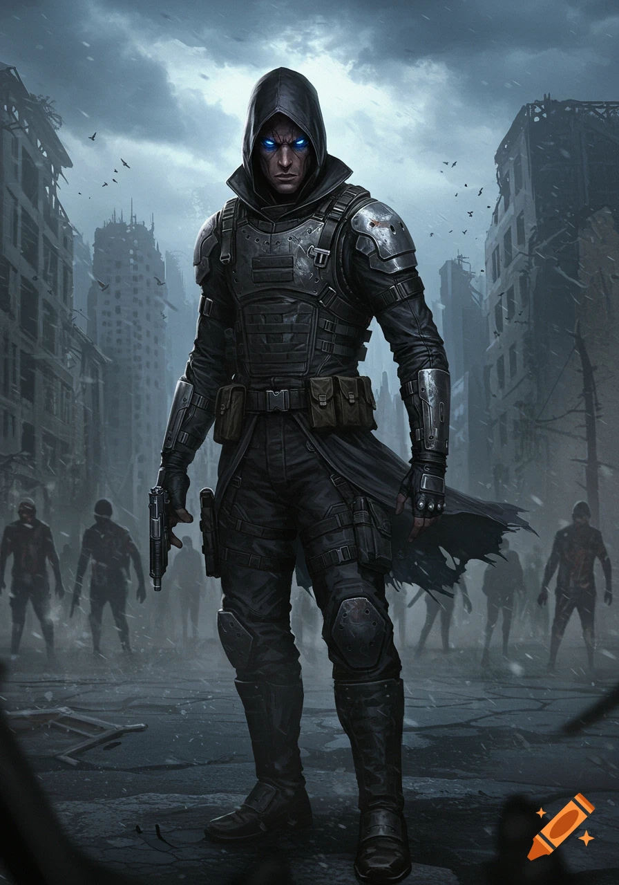 A dark, hooded warrior with glowing blue eyes stands in a ruined city, holding a pistol, surrounded by zombie-like figures.