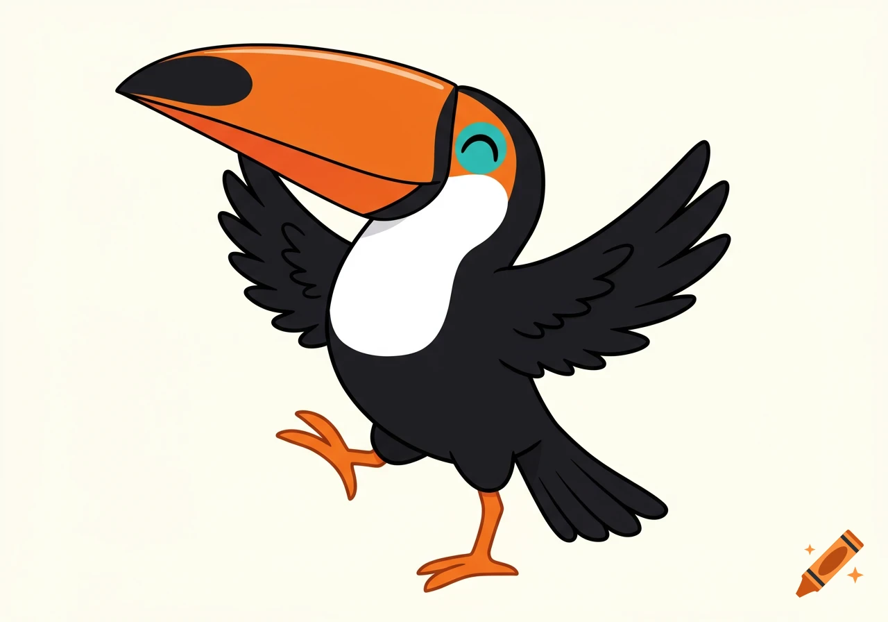 A colorful cartoon toucan with an orange beak, teal eyelids, black and white feathers, and orange feet dances joyfully on one leg with wings spread.