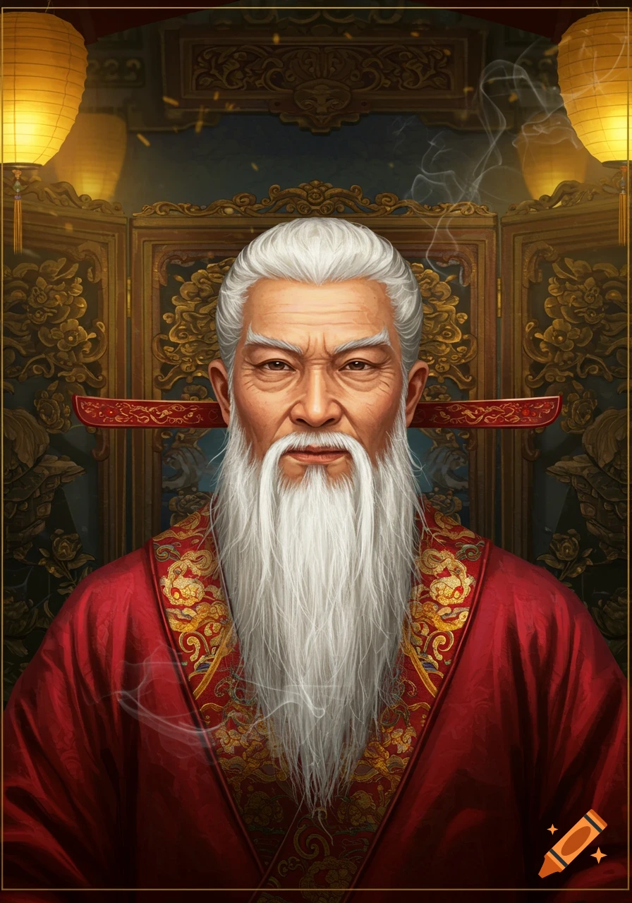 Close-up portrait of an elderly Chinese man with a long white beard and white hair, wearing a red and gold traditional robe, against ornate screens and lanterns.