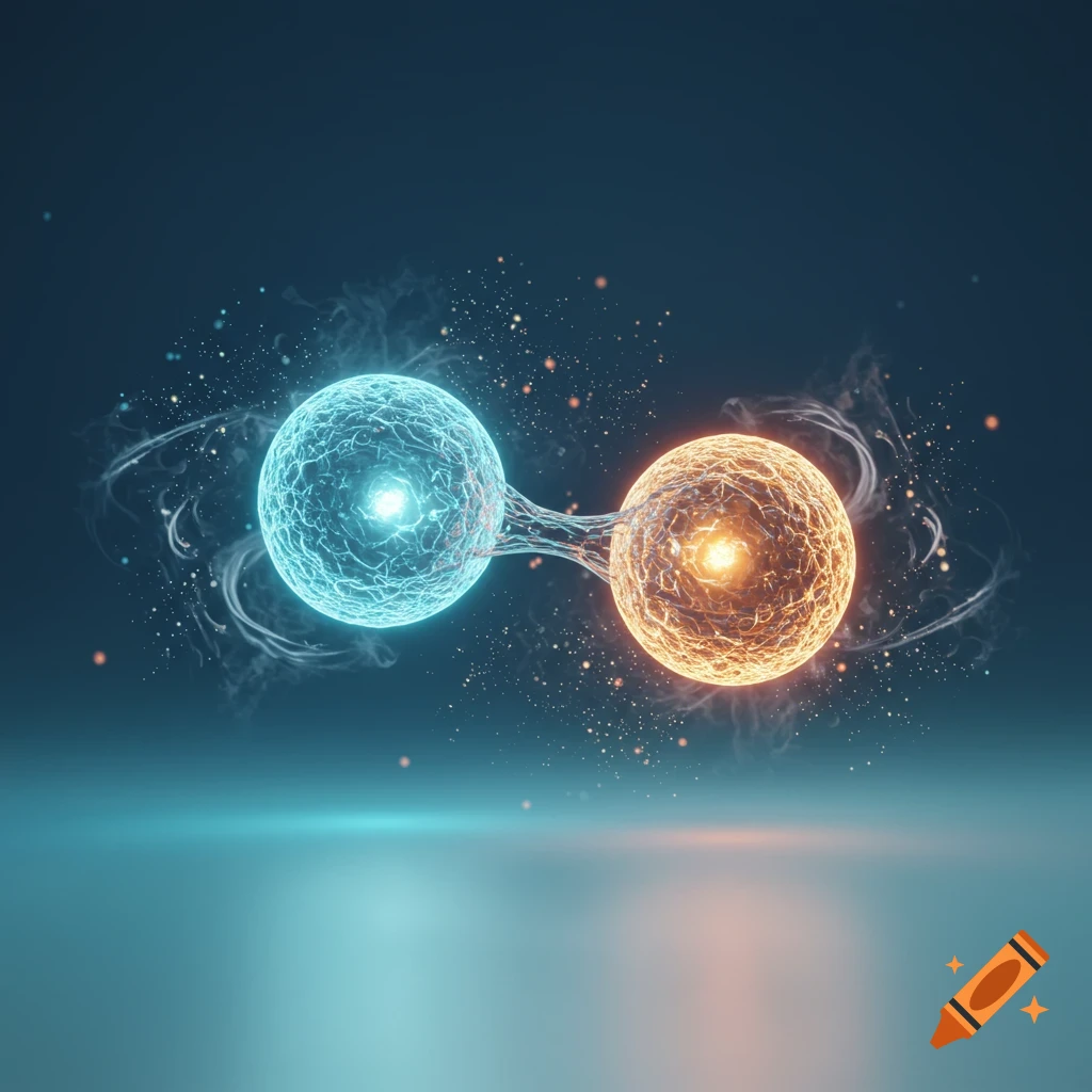 A glowing blue sphere and a glowing orange sphere connect with ethereal tendrils against a dark, shimmering background.