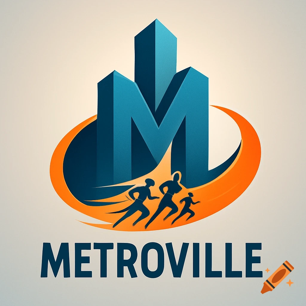A logo with blue skyscrapers, an M, an orange swirl, and three silhouetted runners above 'METROVILLE'.