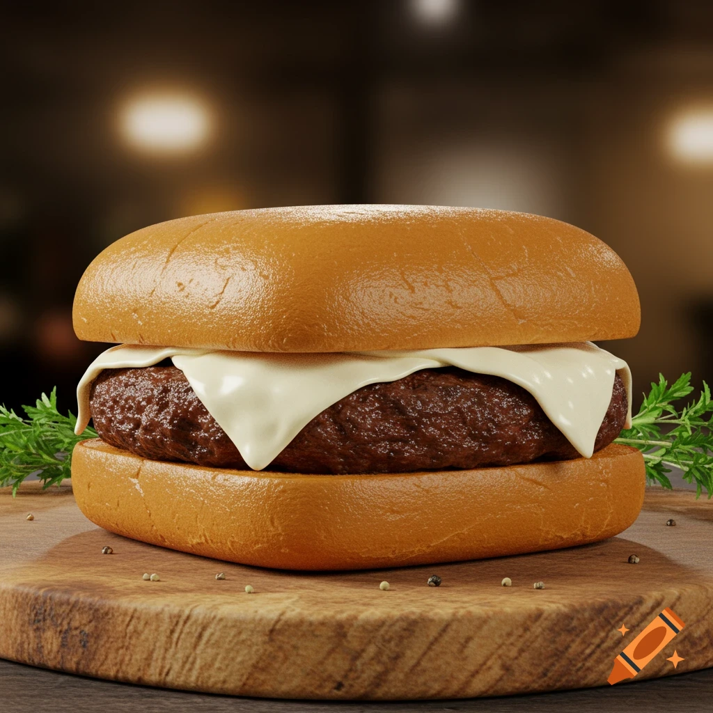 A photorealistic square burger with a beef patty and melted mozzarella cheese on a wooden board with herbs.