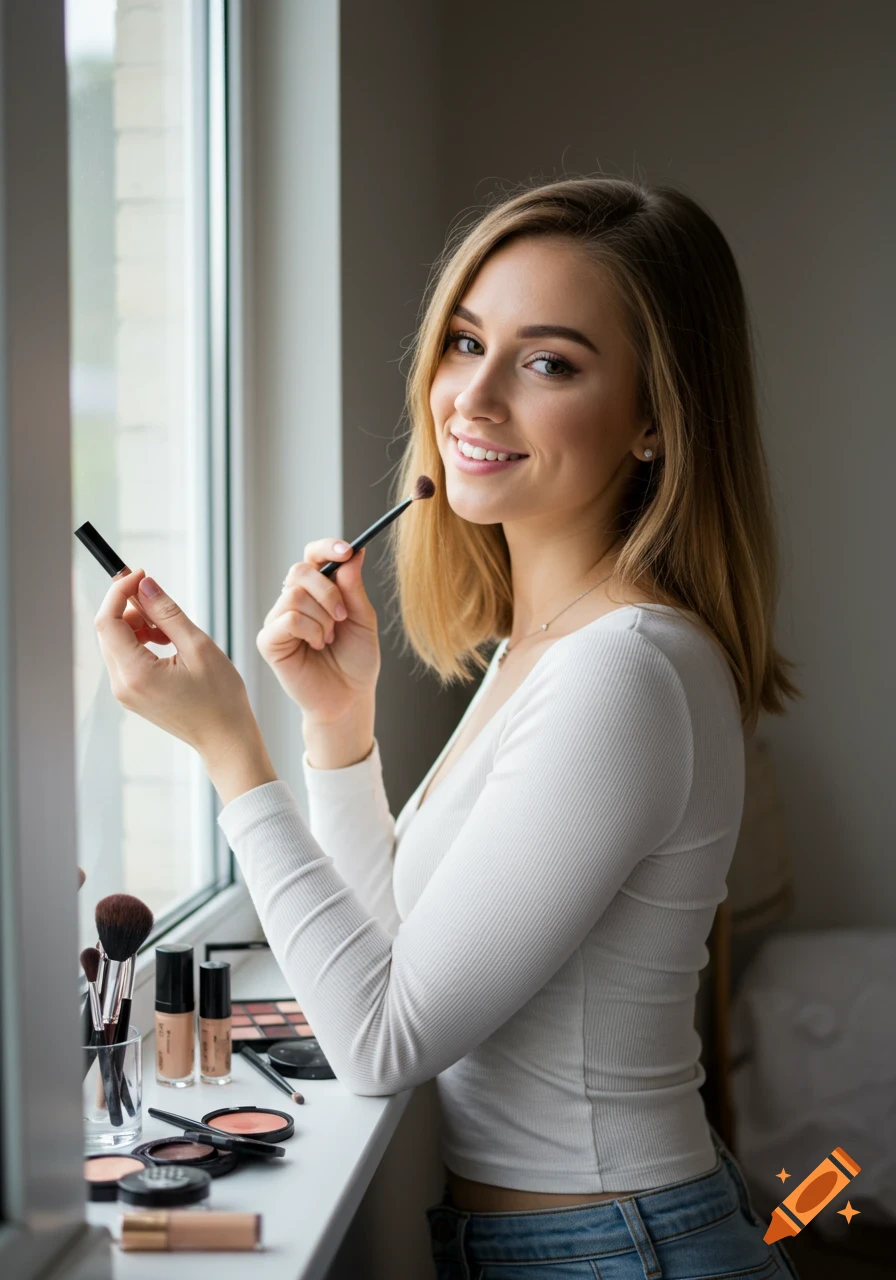 A smiling young woman in a white ribbed shirt holds a makeup brush and product, sitting by a window with makeup on the sill.