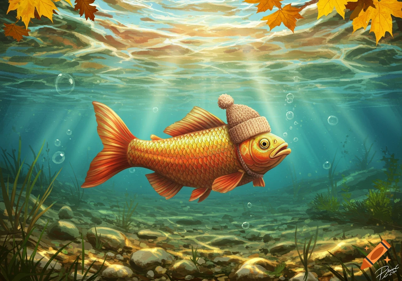 A whimsical illustration of a goldfish wearing a knitted beanie hat, swimming underwater in a lake with light rays and autumn leaves floating above.
