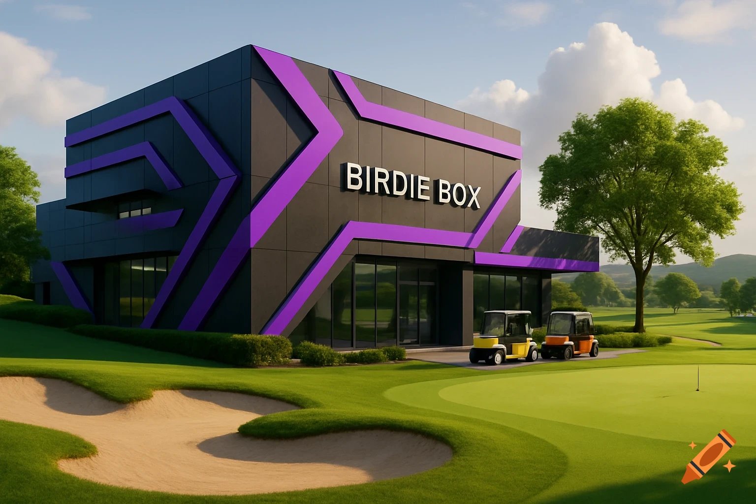 A modern black and purple building with a "BIRDIE BOX" sign on a lush green golf course with sand traps and golf carts.