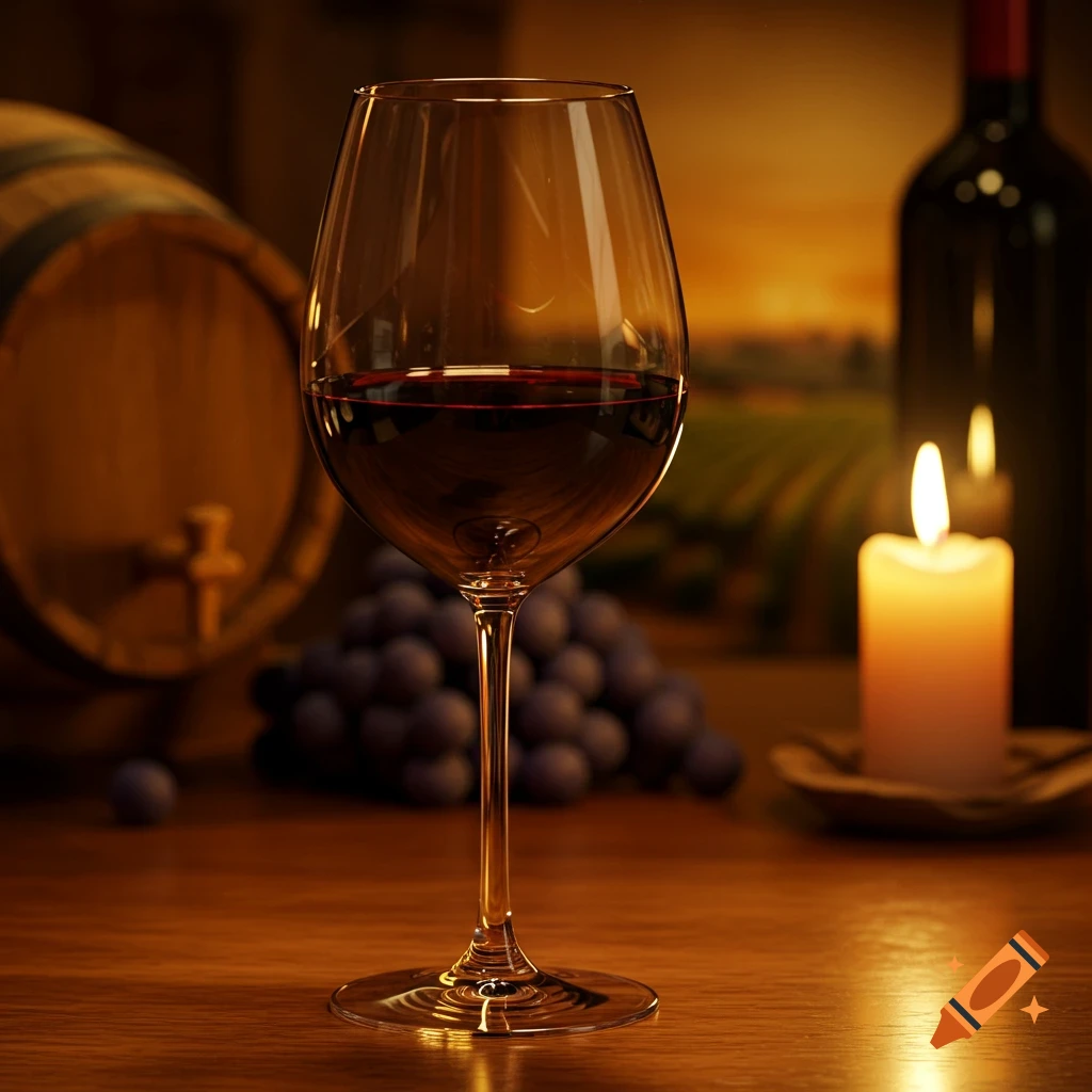 Photorealistic image of a glass of red wine, a bottle, barrel, grapes, and a lit candle on a wooden table.