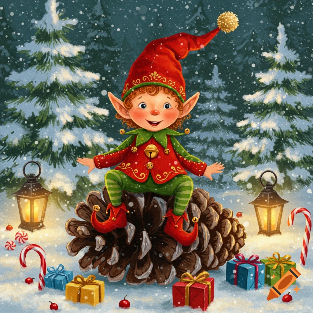 A smiling Christmas elf in a red hat and green suit sits on a giant pinecone in a snowy forest with gifts and candy canes.