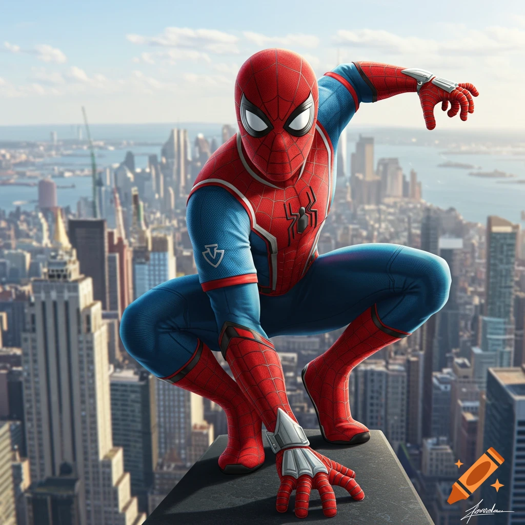 Spiderman crouches on a skyscraper rooftop overlooking a vast city, rendered in a photorealistic digital art style.
