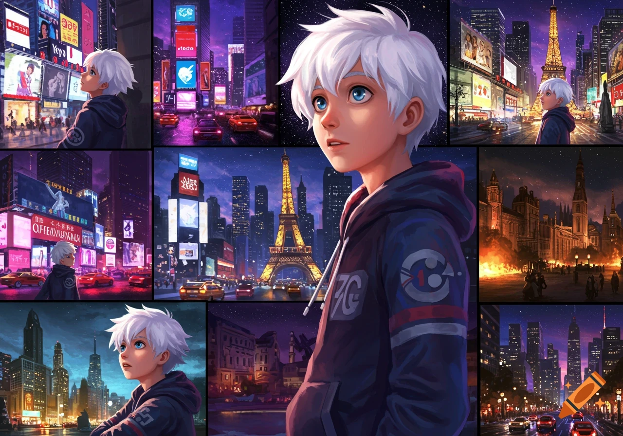 An anime boy with white hair and blue eyes appears in a grid of various illuminated cityscapes at night, including Paris with the Eiffel Tower and bustling streets.