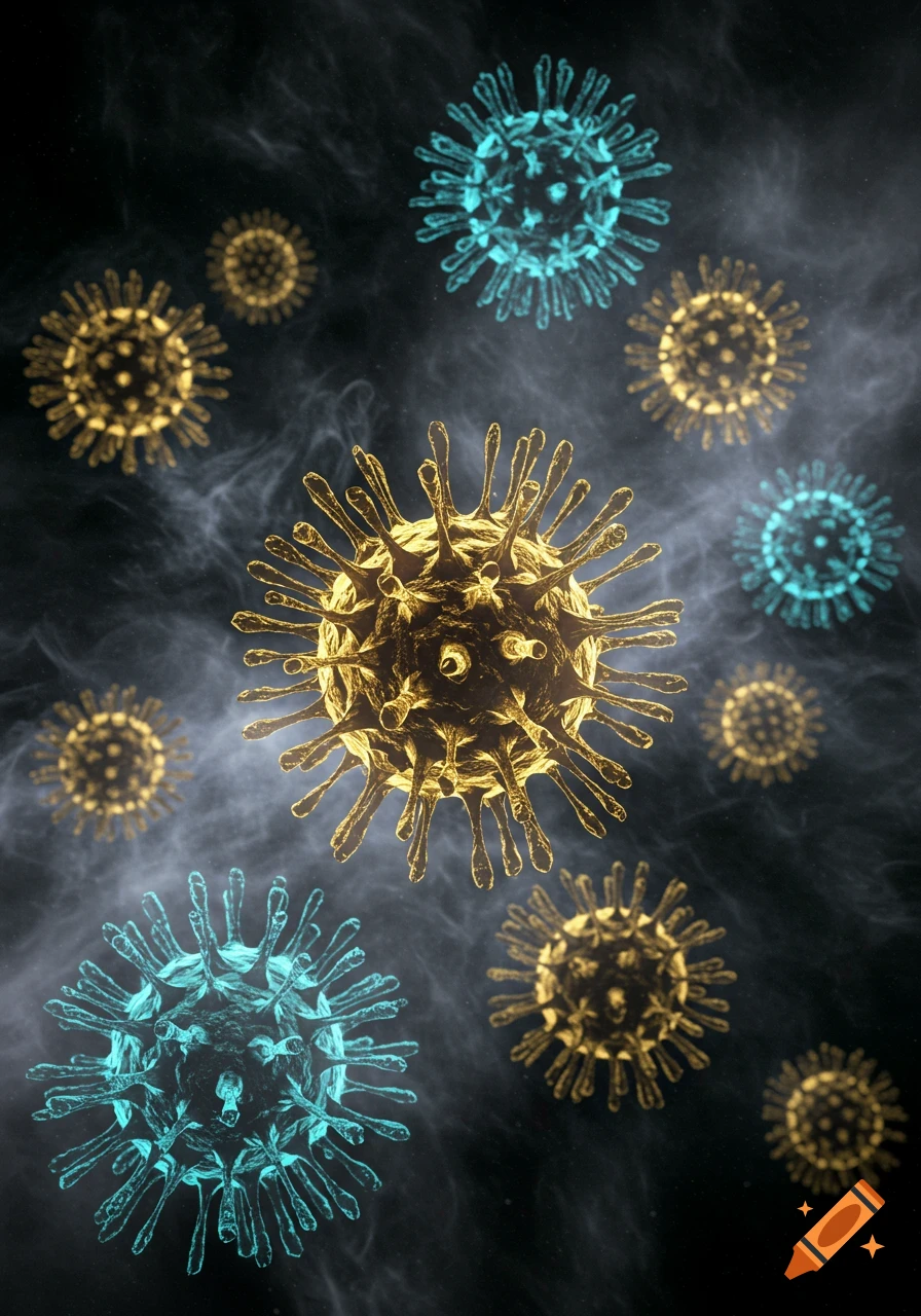 Stylized gold and blue virus particles float in a dark, smoky environment.