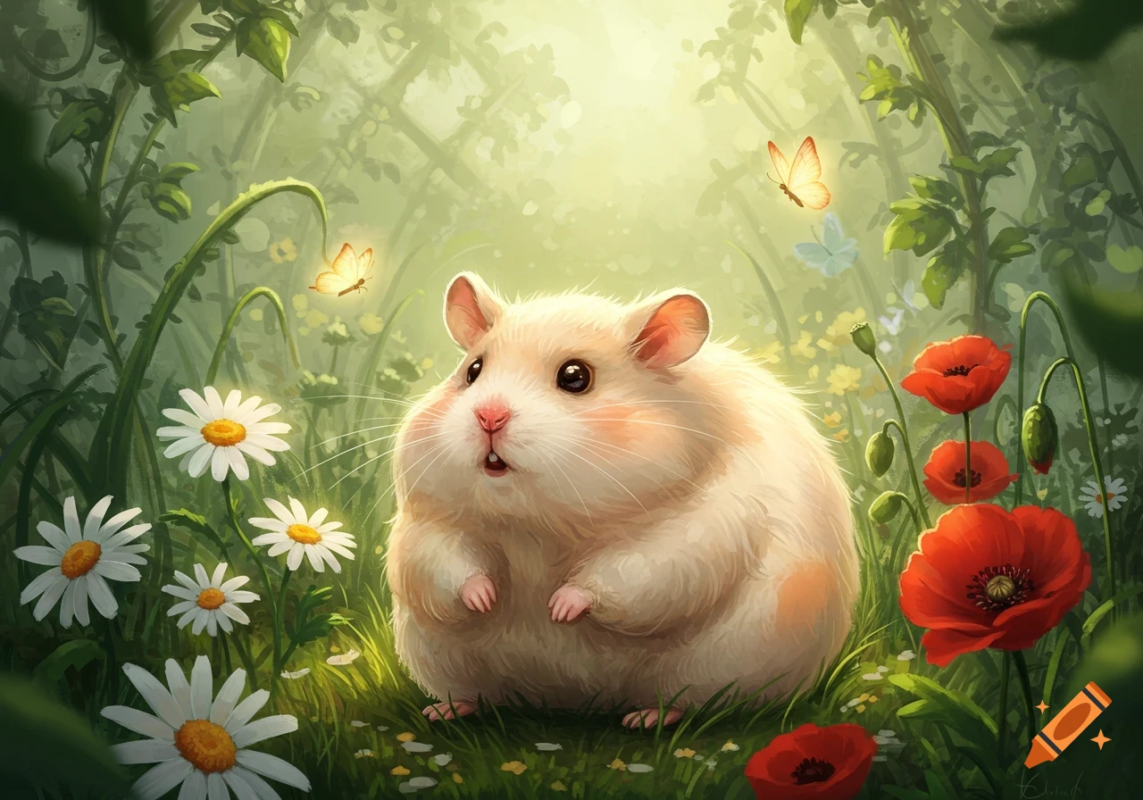 A fluffy light-colored hamster-like creature sits among white daisies and red poppies in a whimsical green forest with butterflies.