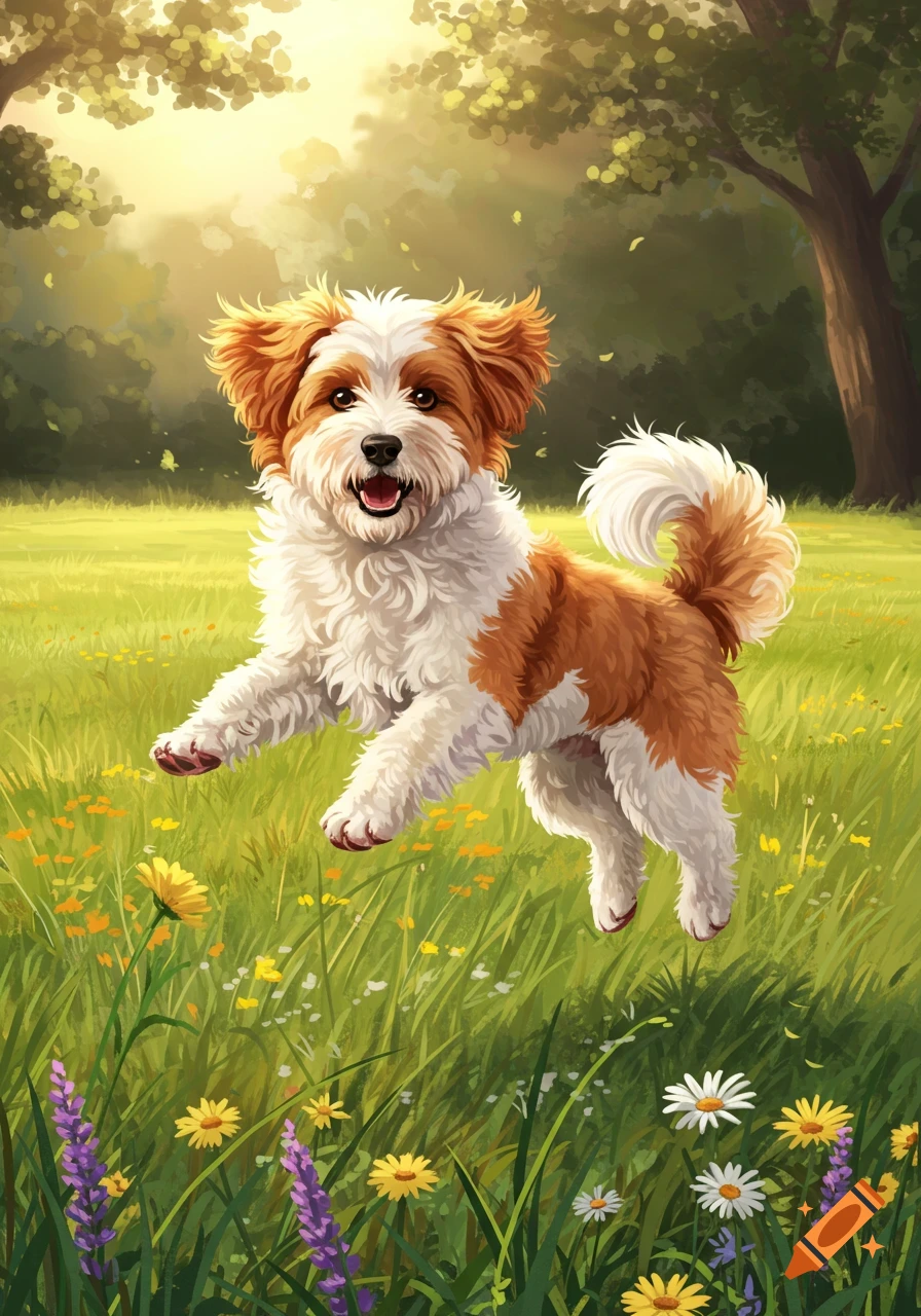A fluffy brown and white dog leaps through a vibrant green meadow with wildflowers under a sunny sky, illustration.