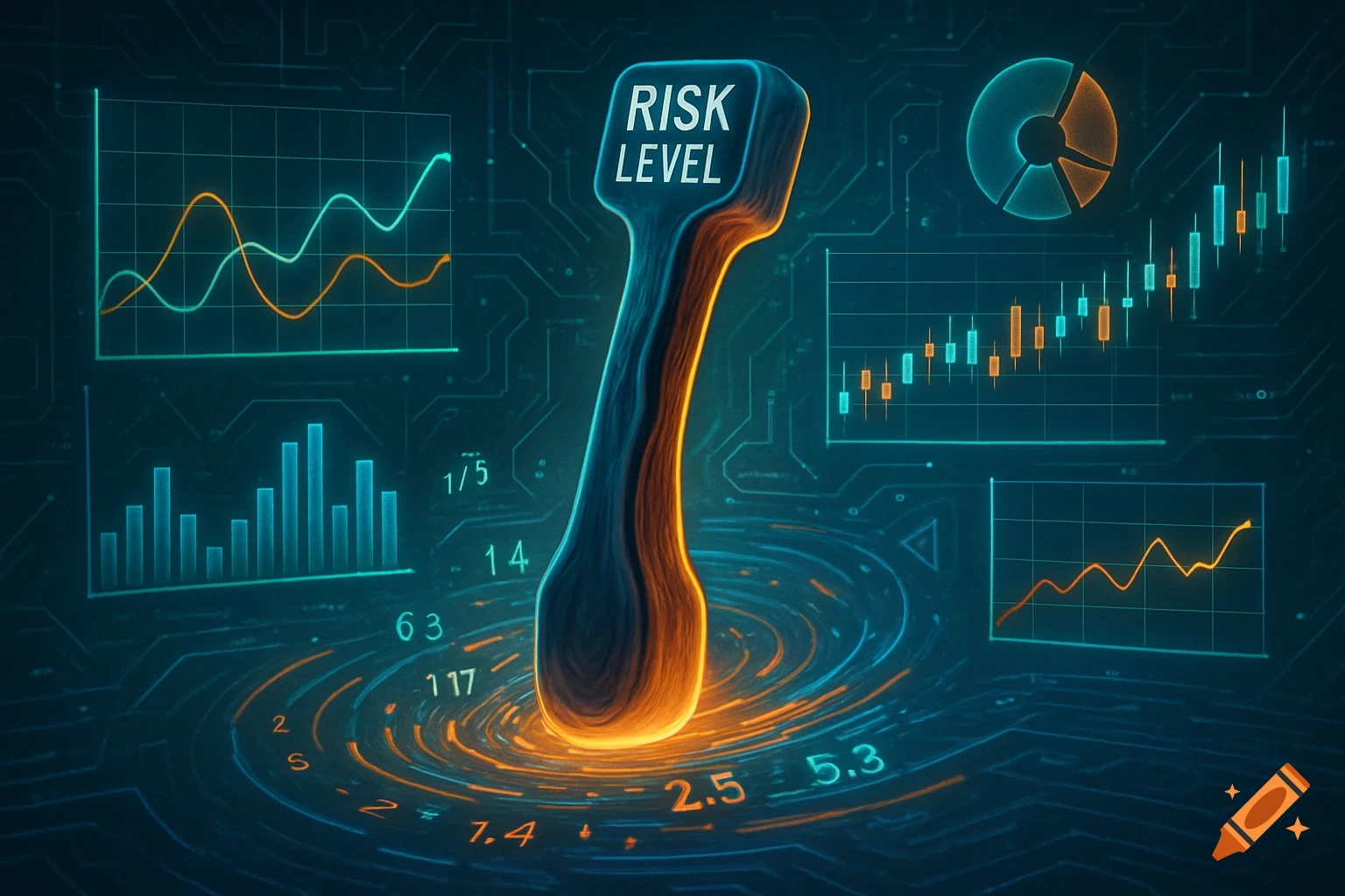 A glowing 'RISK LEVEL' handle surrounded by financial charts, bar graphs, and data points on a futuristic circuit board background.