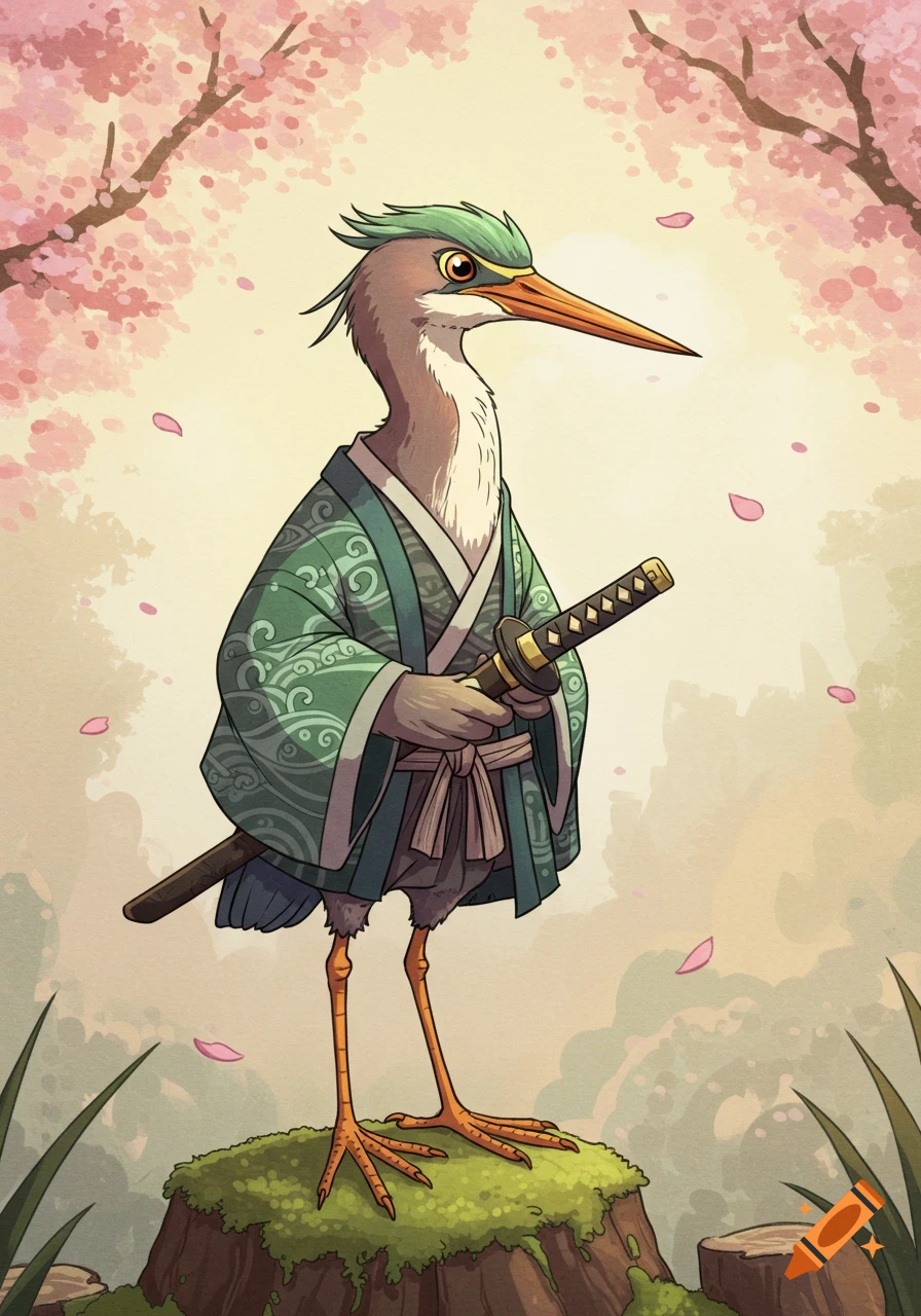 A cartoon green heron bird dressed as a samurai with a green kimono and a katana, standing on a mossy rock under cherry blossoms.