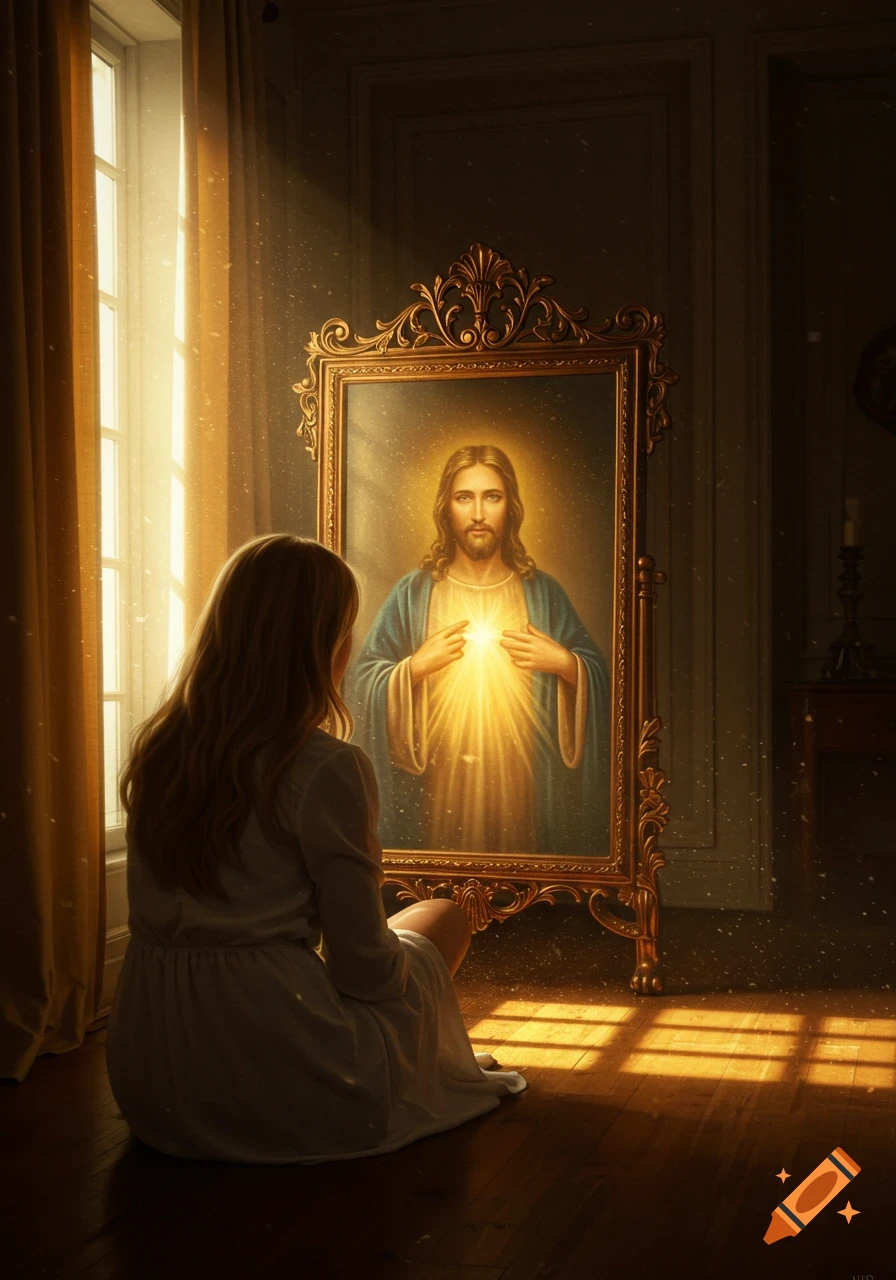 A woman kneels before an ornate mirror reflecting a radiant image of Jesus, bathed in golden light.