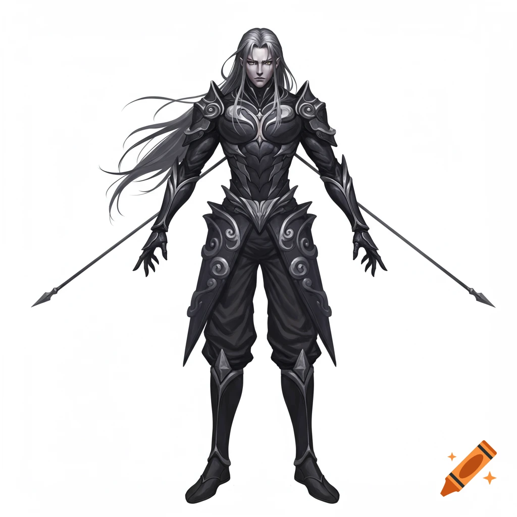 An anime-style warrior in black and silver armor with long white hair, holding two spears, standing against a white background.