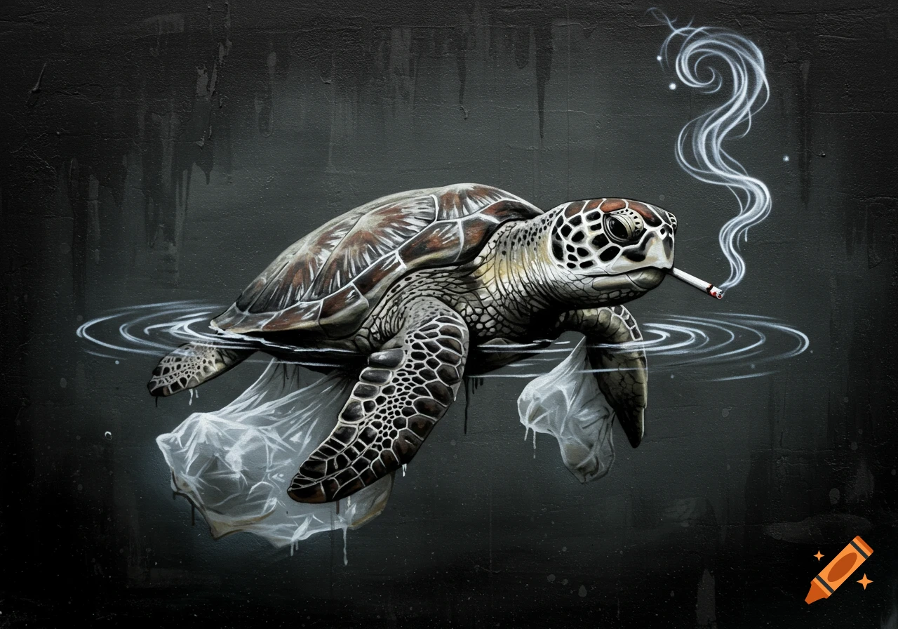 Graffiti art of a sea turtle entangled in plastic, smoking a cigarette in polluted water.