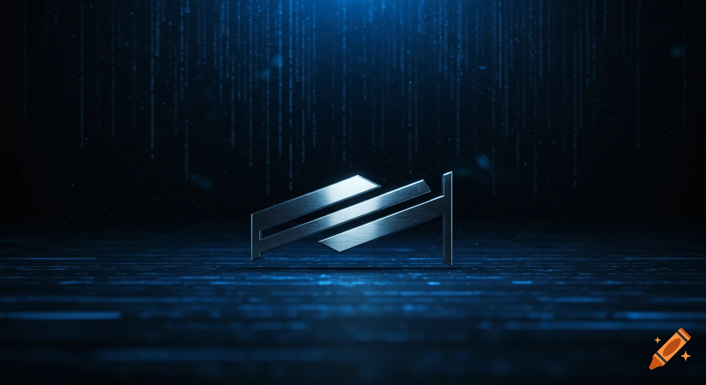 Metallic abstract symbol resembling military captain bars on a dark, blue-lit cyberpunk background.