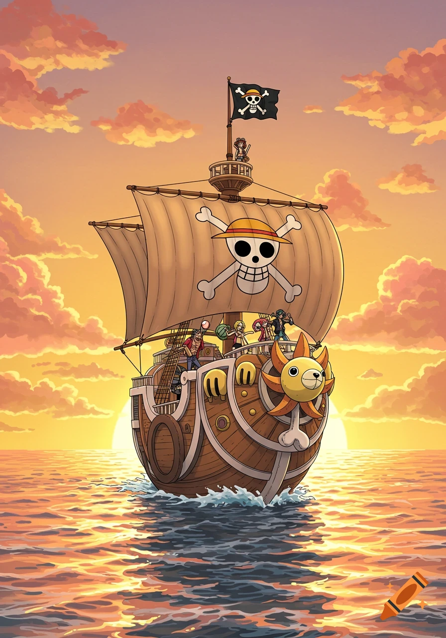 The Straw Hat Pirates sail the Thousand Sunny ship at sunset in an anime illustration.