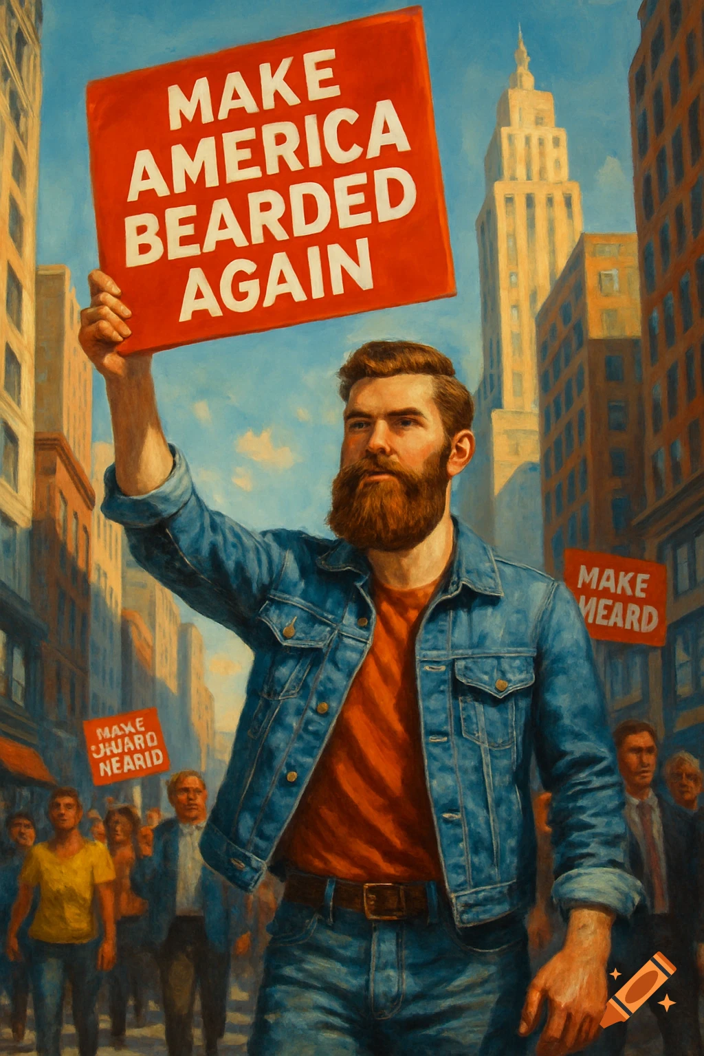Oil painting of a bearded man in a denim jacket holding a red "Make America Bearded Again" sign during a street protest.