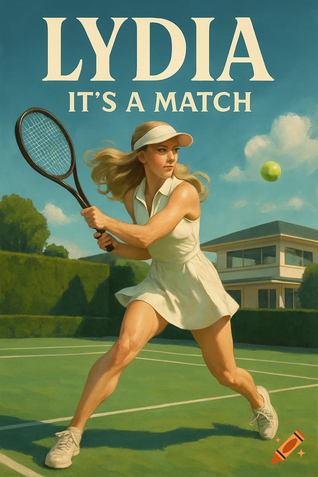 Illustrated poster of a woman playing tennis on a green court, with text 'LYDIA IT'S A MATCH' overhead.