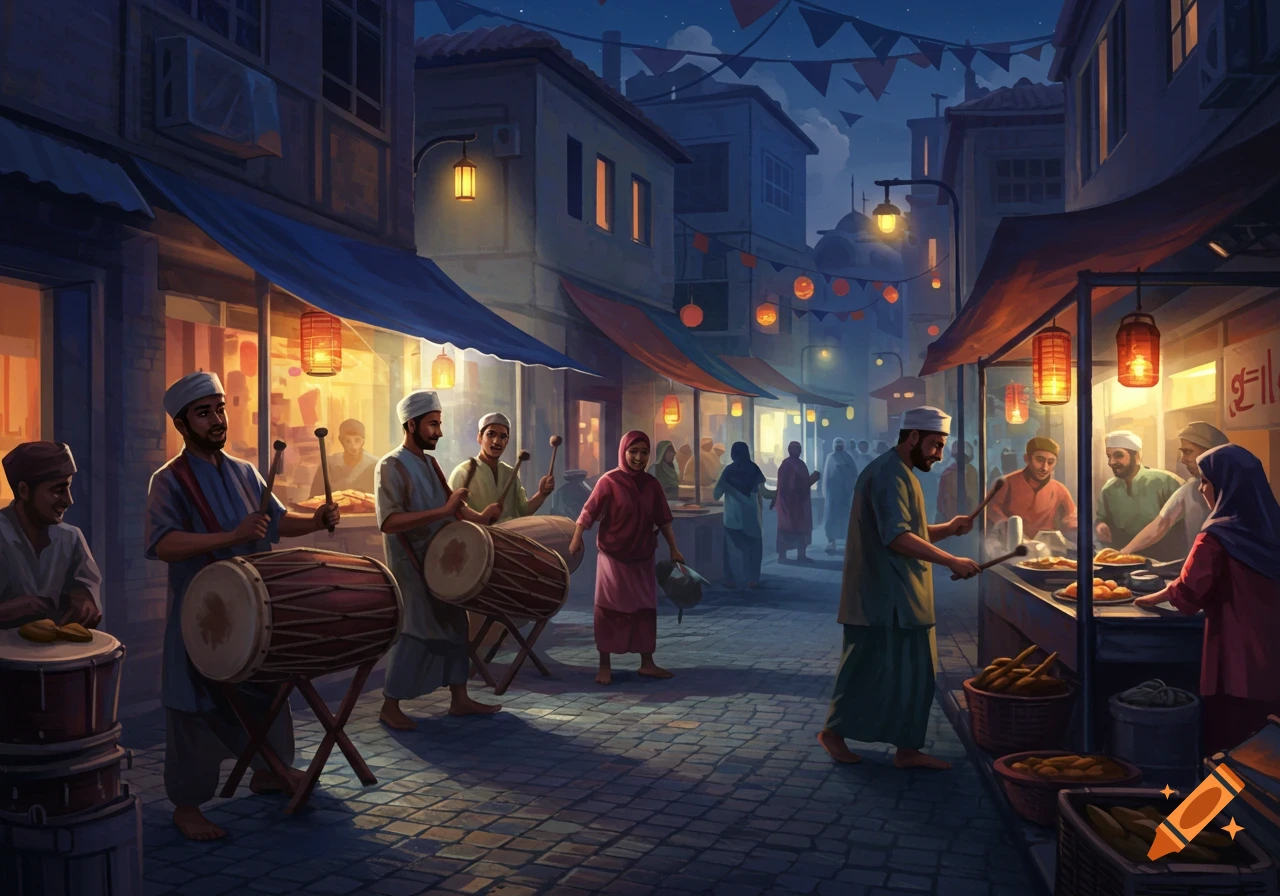 A vibrant night market scene at dusk, with men playing drums and people gathered around food stalls under glowing lanterns.