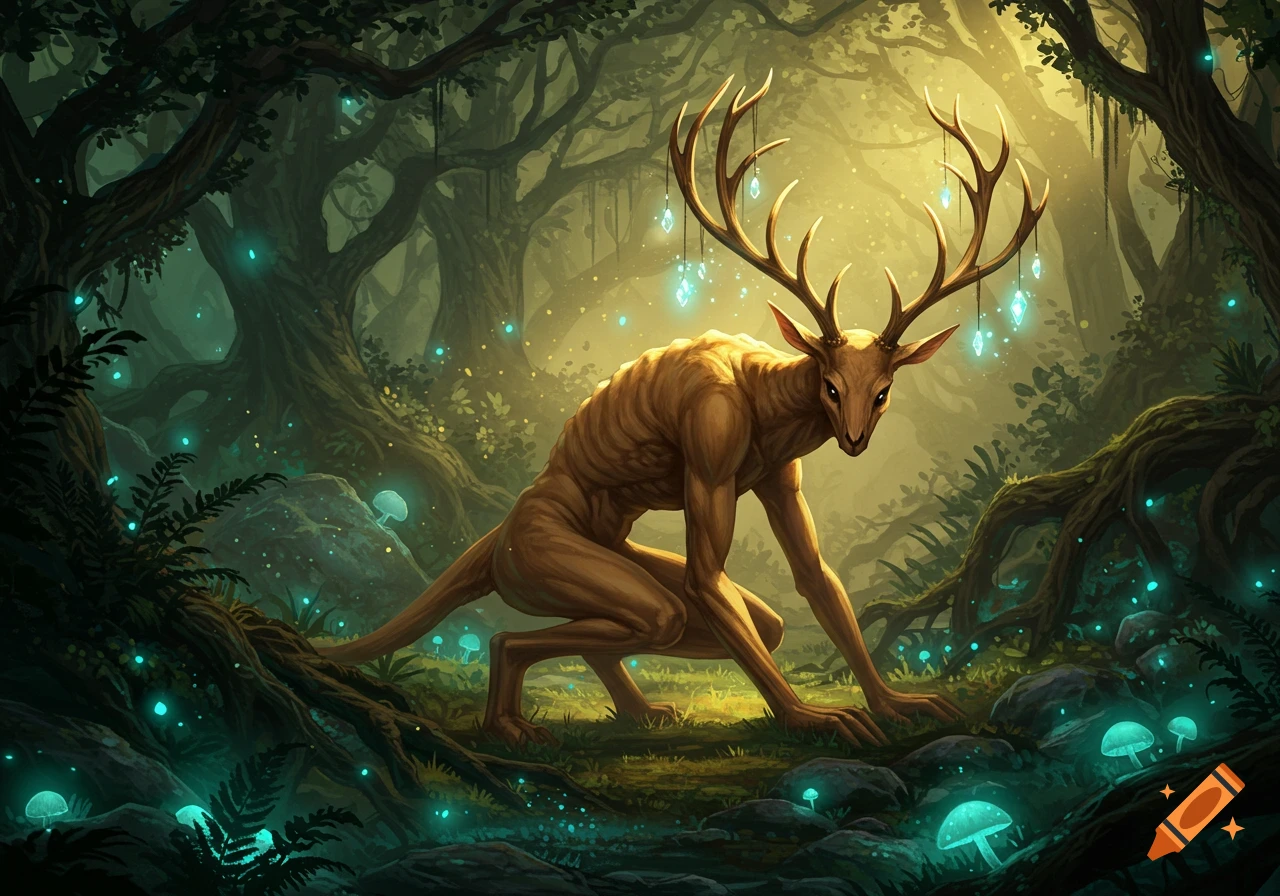 A gaunt, tan, deer-like fantasy creature with glowing antlers crouches in a mystical forest with glowing blue mushrooms.