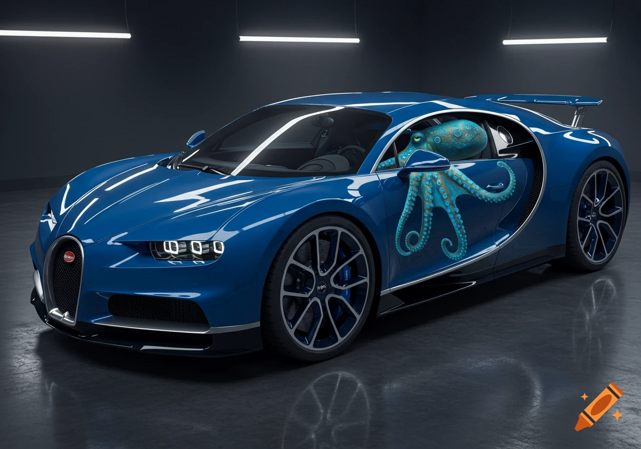 A photorealistic blue Bugatti Chiron sports car with a blue-ringed octopus in the driver's seat, parked in a modern garage.