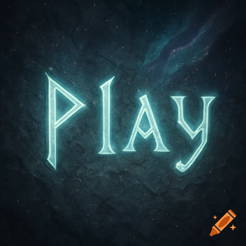 The word "PLAY" glowing in a runic, ancient script on a dark, textured stone background.