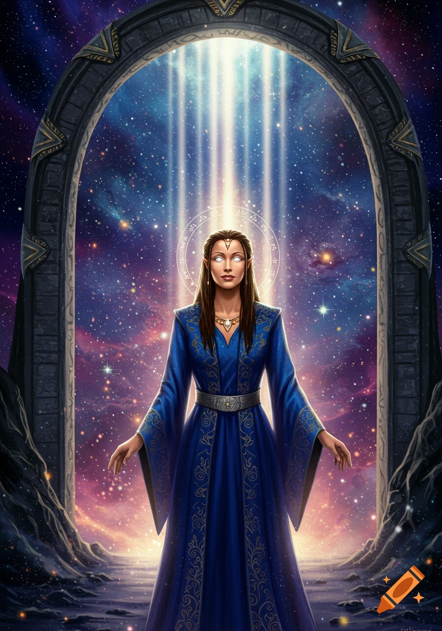 An elven woman in a blue gown stands under an archway, emanating light against a cosmic background.