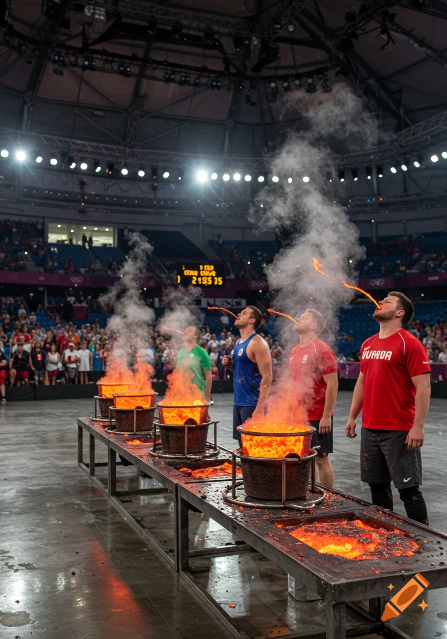 Four men in a stadium compete in a lava-drinking contest, spitting streams of molten liquid from pots on a table, with a crowd watching.