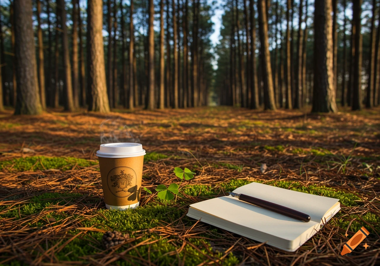 Photorealistic image of a steaming coffee cup, open notebook, and pen on a mossy forest floor with pine needles and tall trees.