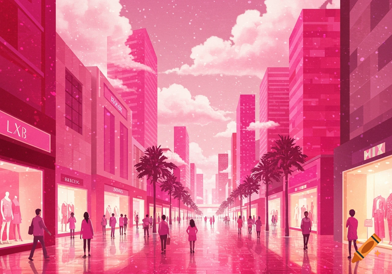 A vibrant pink cityscape with tall buildings, palm trees, and people walking on a shopping street under a pink sky.