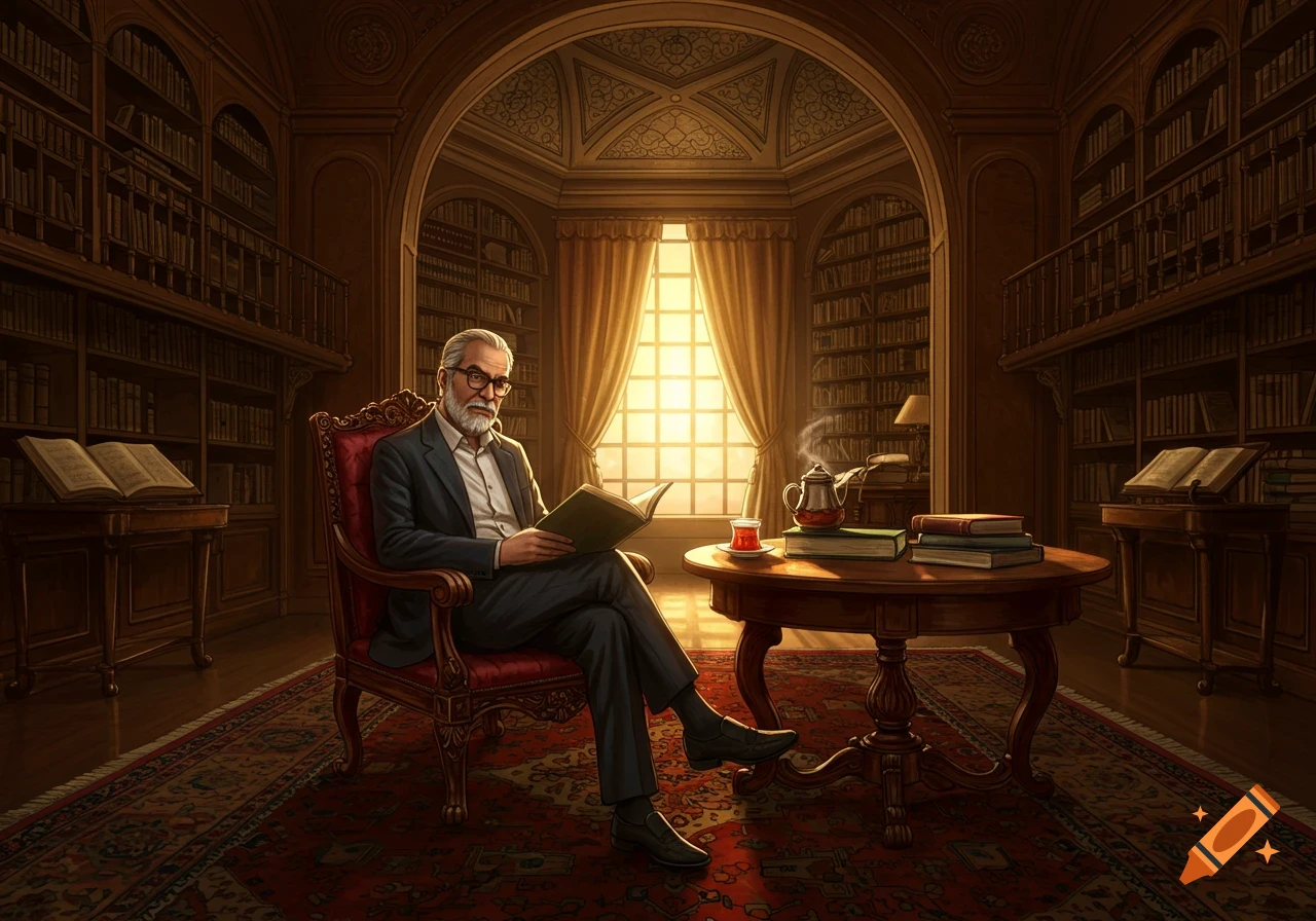 An older man with a beard and glasses sits in a red armchair, reading a book in a grand, sunlit library.