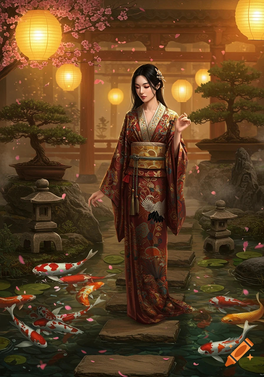 A woman in a red kimono stands on stepping stones in a tranquil Japanese garden, surrounded by koi fish and cherry blossoms under glowing lanterns. Digital art.